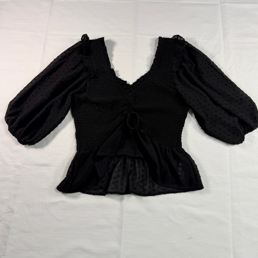 Cottagecore‎ Boho Smocked Swiss Dot Peplum Blouse Size 8 Black Balloon Sleeve